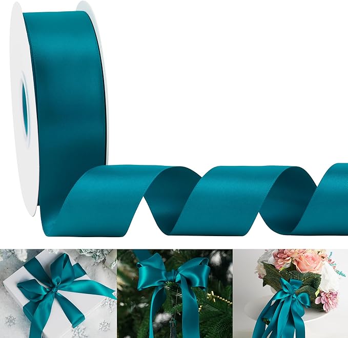 HUIHUANG Peacock Blue Ribbon 1-1/2 inch x 50 Yards Peacock Double-Faced Satin by HUIHUANG