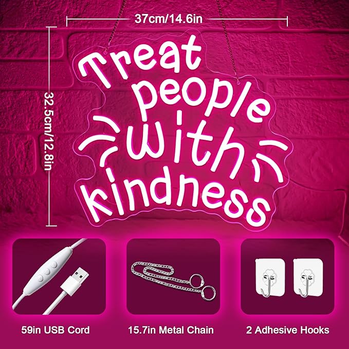 Treat People with Kindness Neon Sign, Dimmable Inspiring Letter Neon Lights USB - Image 3