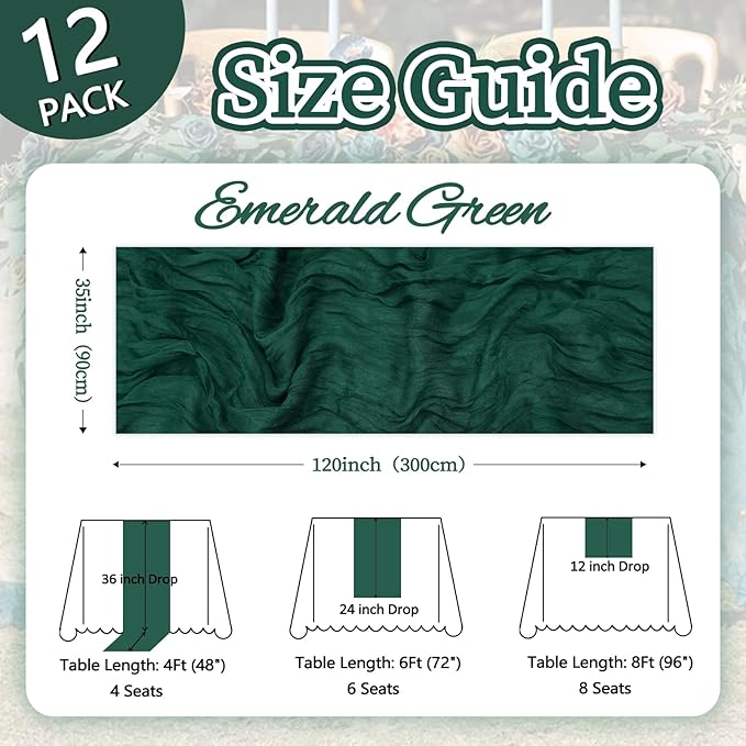 12 Pack Emerald Green Cheesecloth Christmas Table Runner 10ft Boho Gauze Fabric - Image 2