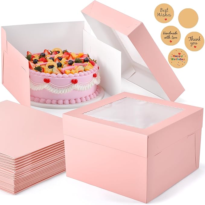 12Pcs Cake Boxes, Large Pink Disposable Tier Cake Containers by DOYIDE