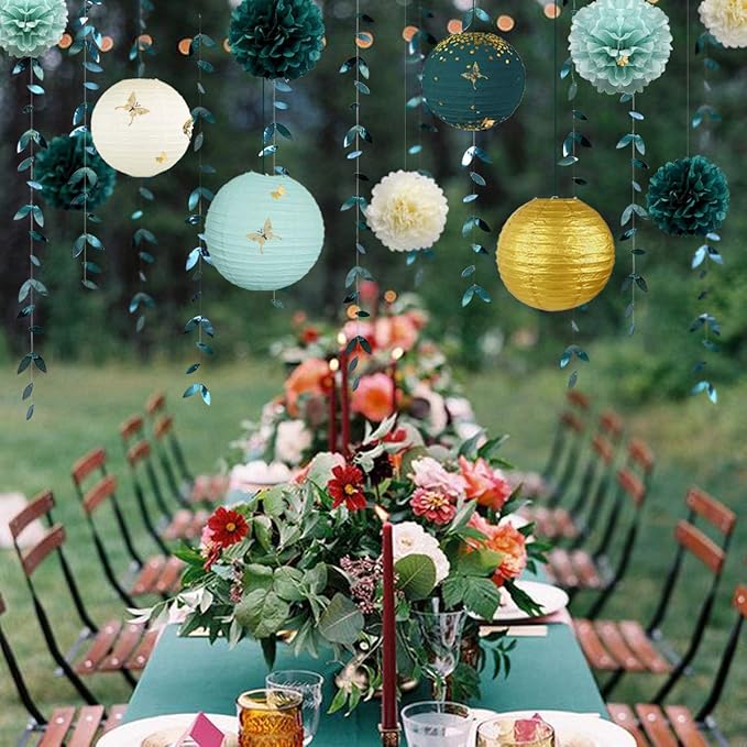 Hunter Green and Gold Hanging Tissue Lantern Flowers Pom Pom - Image 5