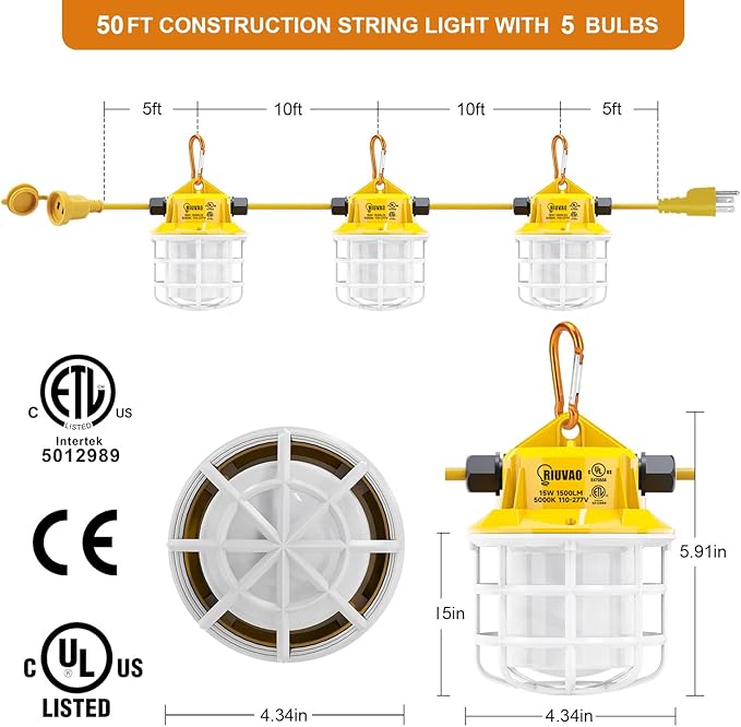 50ft LED Construction String Lights, 75W 7500LM Industrial Grade Super Bright - Image 2