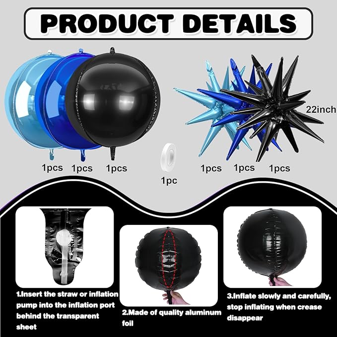 6Pcs Black Blue Foil Balloons, 22Inch Navy Blue Black 4D Round Ball Balloon and - Image 2