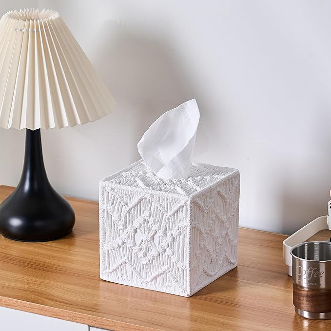 White Woven Macrame Boho Tissue Box Cover Square - Image 4