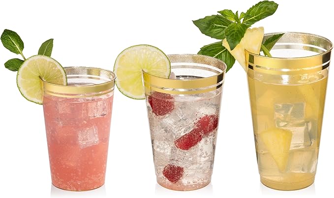 Perfect Settings 100 Premium 14oz Hard Plastic Cups Clear Glitter Gold Plastic - Image 6