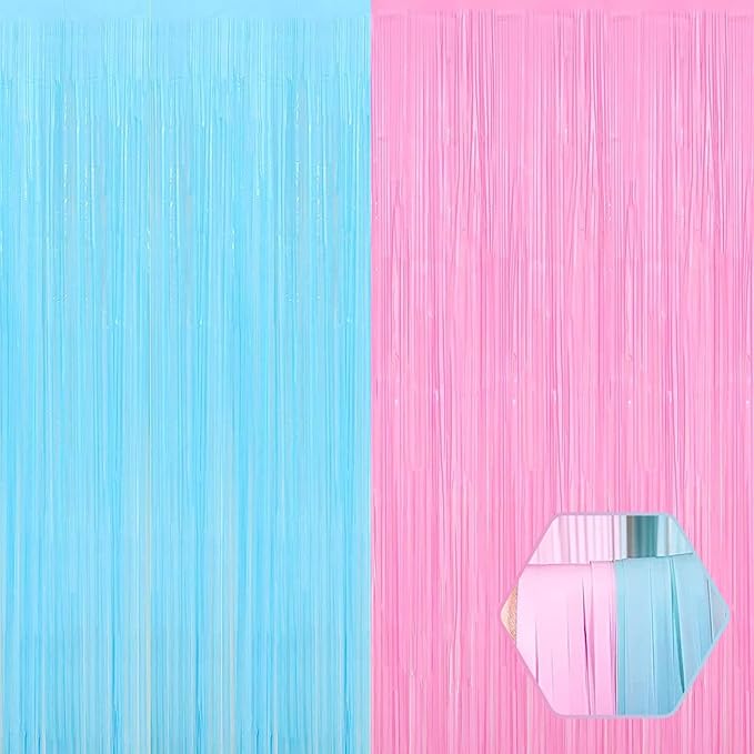6 Pack Macaron Pink Blue Foil Fringe Curtain Backdrop, 3.28Ft x 8.2Ft Metallic by Ferwzsr