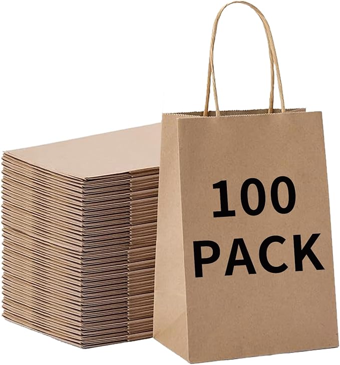 BAG BOX 100 Pcs Medium 8.25x4.3x10.6 Inch Brown Kraft Paper Gift Bags by BAGBOX