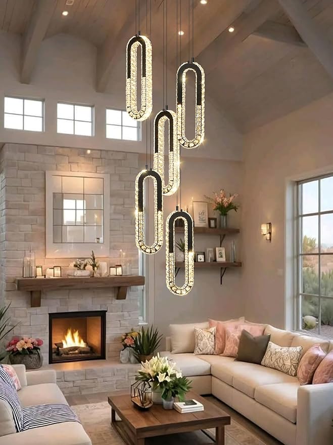 5 Rings Crystal Chandeliers for Staircase Large Pendants Light Fixture Black - Image 3