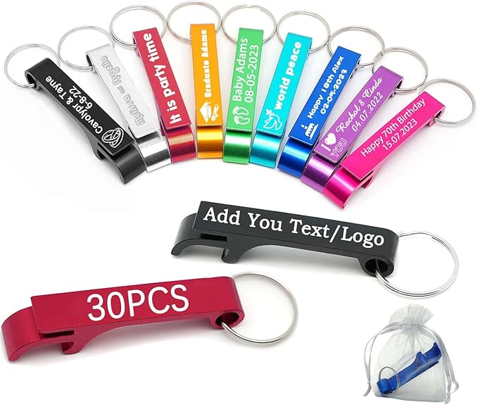 30pcs Personalized Bottle Opener Keychain Bulk Custom Engraved Text/Logo by BEXOAEDC