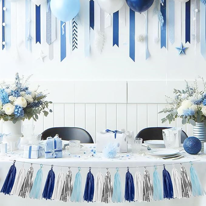 Teal Silver White Navy-Blue Party-Decorations – 15pcs Tissue Paper Tassel - Image 3