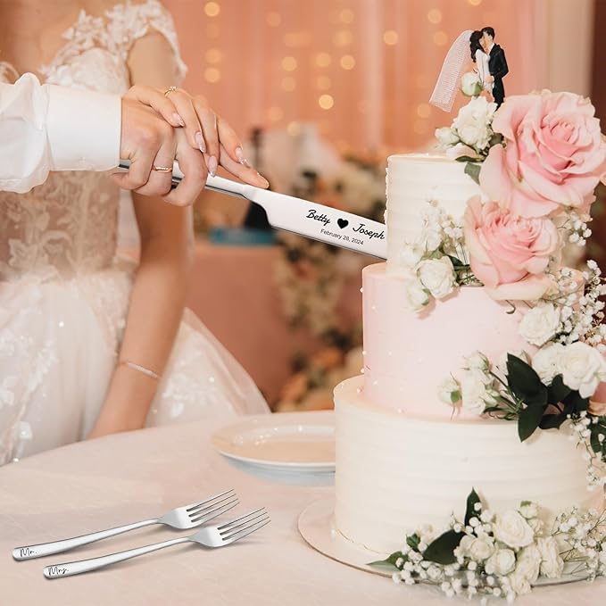 Personalized Wedding Cake Knife and Server Set Stainless Steel Forks Cake - Image 4