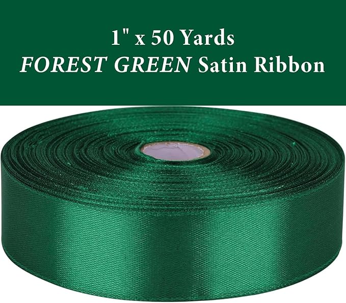 1" x 50 Yards Forest Green Satin Ribbon Single Faced Fabric Ribbons - Image 2