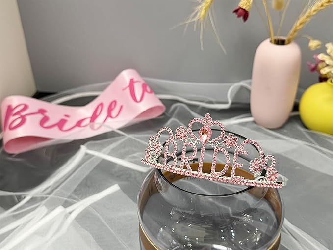 JETKONG 3 Pcs Bachelorette Party Decorations BRIDE Crown, Bride to Be Sash&Veil - Image 2