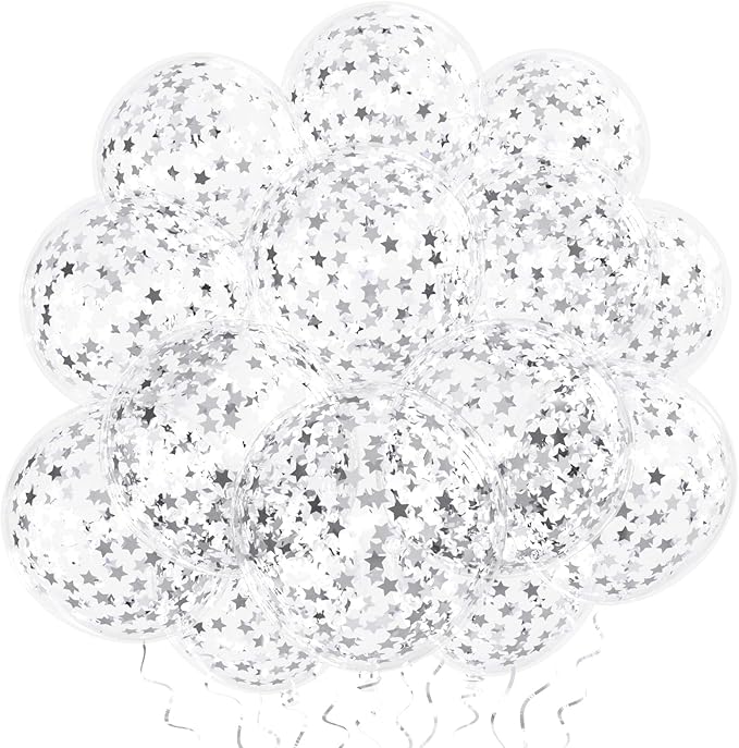 VHUWE 25 Pcs Silver Star Confetti Balloons, 12 Inch Clear Latex Balloon by VHUWE