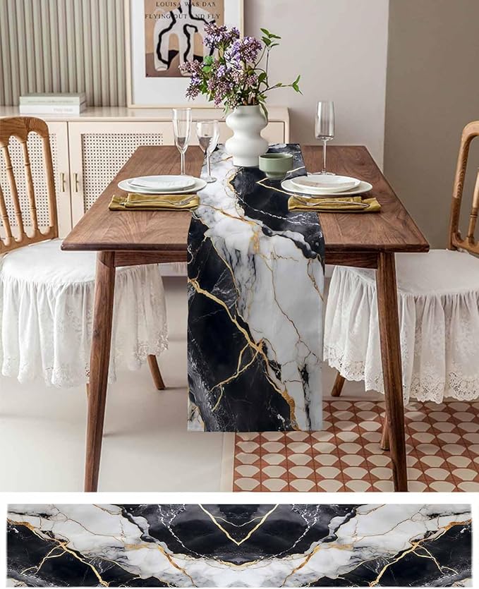 Black White Marble Cotton Linen Table Runner - Image 6
