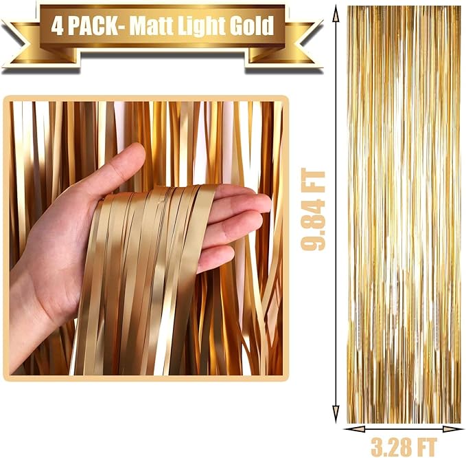 4 Pack Champagne Gold Foil Fringe Curtain Backdrop, 3.3Ft x 9.8Ft Metallic - Image 2