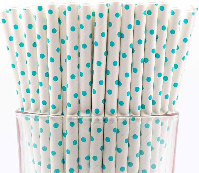 Pack of 150 Teal Blue Polka Dot Biodegradable 4-Ply Paper Drinking Straws by Stephanie+Imports