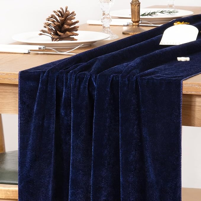 MLMC Navy Blue Velvet Table Runner 10ft Luxury Deep Blue Velvet Fall Table by MLMC