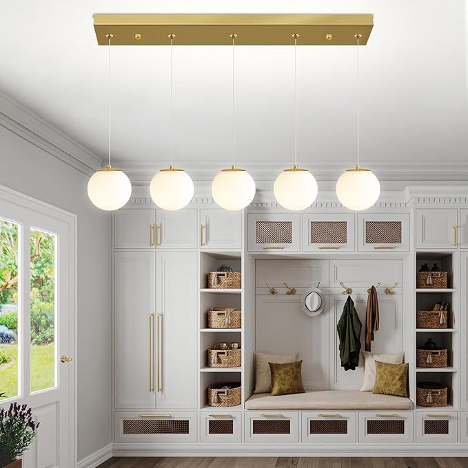 5-Lights Globe Pendant Light for Kitchen Island H 98" Gold Rectangle Chandelier - Image 2
