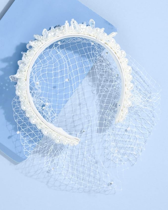 xo, Fetti Pearl Beaded Bridal Headband + Birdcage Veil | Bachelorette Party - Image 4