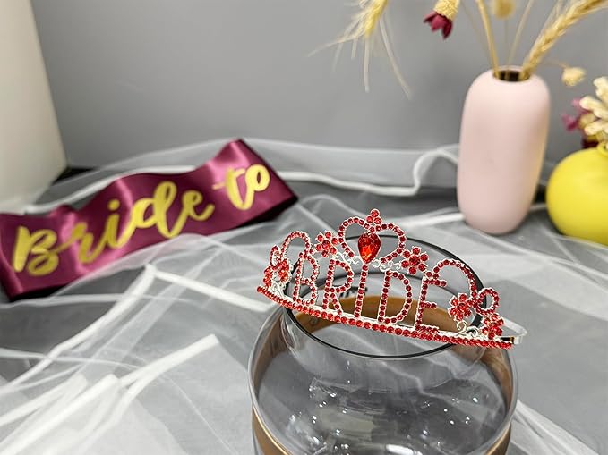 JETKONG 3 Pcs Bachelorette Party Decorations BRIDE Crown, Bride to Be Sash&Veil - Image 2