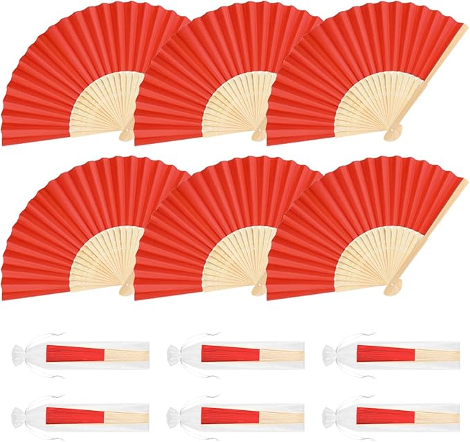 6 Pieces Red Hand Held Bamboo Folding Fans Foldable Paper Fans Handheld by Bringsparkletoeverydaylife