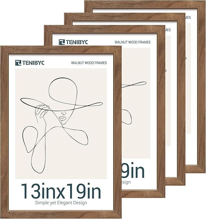 13x19 Picture Frame Set of 4, Textured Walnut Wood & HD Tempered Glass by TENiBYC