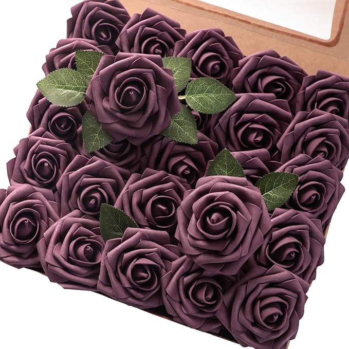 Floroom Artificial Flowers 25pcs Real Looking Plum Foam Fake Roses by Floroom