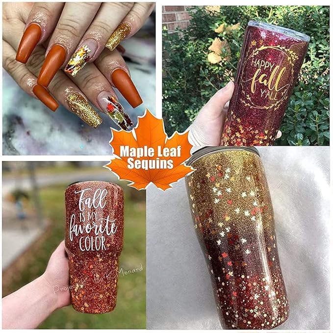 Maple Leaf Shape Glitter Fall Nail Art Sequins, 3D Metallic Red God Orange - Image 3