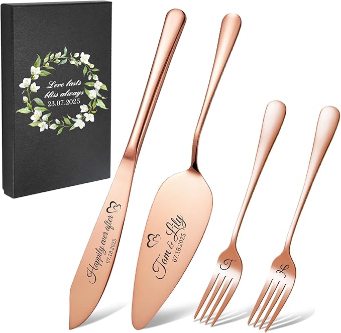 Personalized 4 Piece Wedding Cake Cutting Set, Custom Names Cake Knife and by Unknown