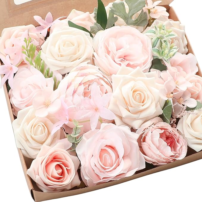 Floroom Cream Blush Artificial Flowers Fake Roses Peonies and Greenery Combo by Floroom