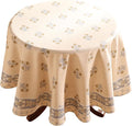 patdrea Designer Beige Round Tablecloth, Vintage Linen Yellow Floral Pattern by Welcometopatdrea