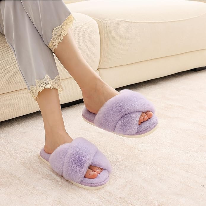 Evshine Women's Fuzzy Slippers Cross Band Memory Foam House Slippers Open Toe - Image 2