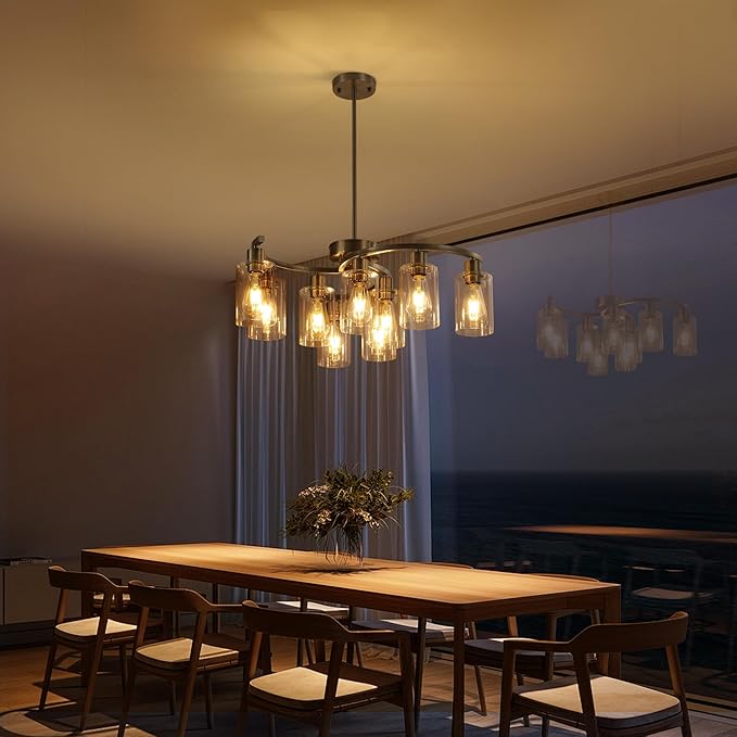9-Light Brushed Nickel Glass Chandelier, Adjustable Height Hanging Industrial - Image 2