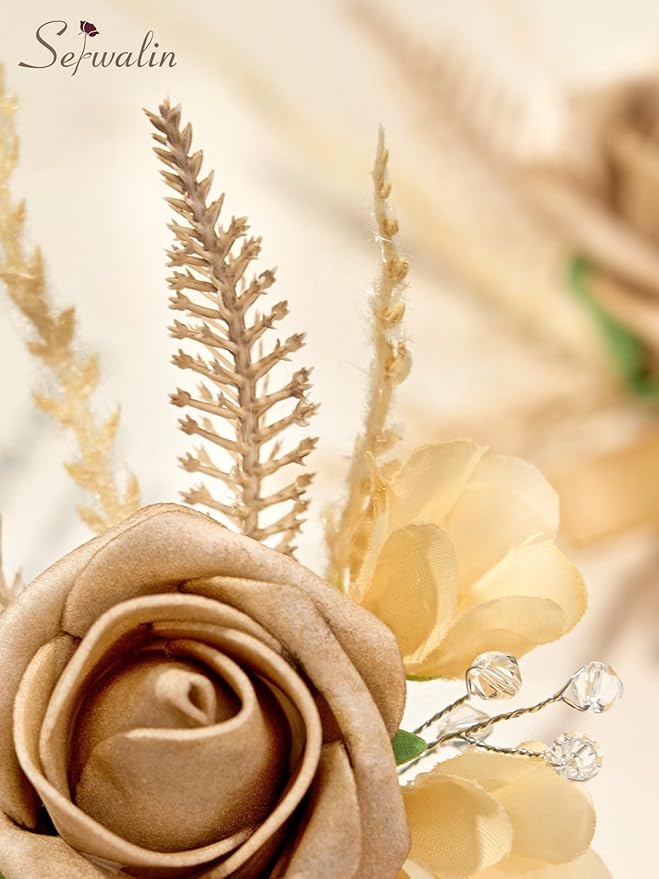 Serwalin 10Pcs Boutonniere for Men, Khaki Groom and Best Man Boutonniere - Image 8