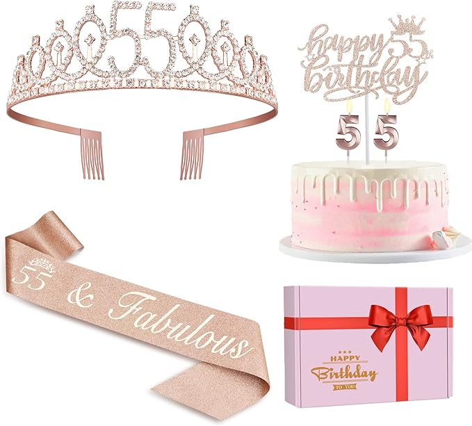55 Birthday Decorations for Women Including Sash, Numeral Candles and Cake by JueslyBirthdayParty