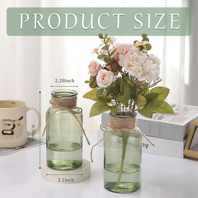 Green Glass Flower Vases for Centerpieces Set of 6, Mason Jars Boho Cylinder - Image 5