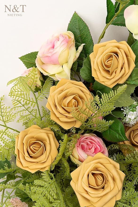 N&T NIETING Artificial Flowers 50pcs Real Looking Gold Yellow Foam Fake Roses - Image 4