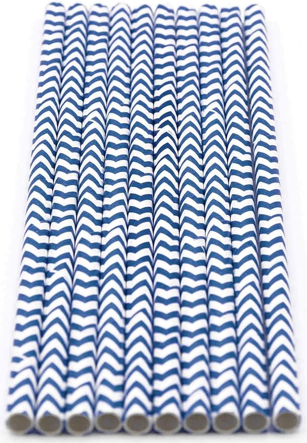 Pack of 300 Navy Blue Chevron Biodegradable 4-Ply Paper Drinking Straws - Image 2