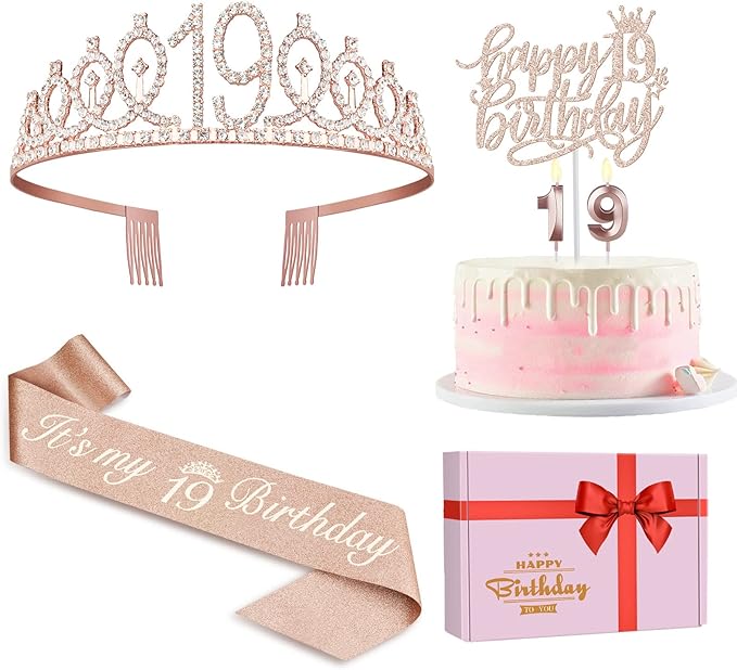 19th Birthday Decorations Including Birthday Sash, Tiara/Crown, Numeral Candles by JueslyBirthdayParty