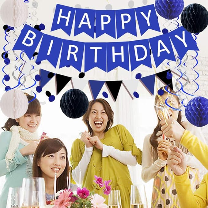 FECEDY Navy Blue White Black Happy Birthday Banner&Cute Flag Bunting Paper - Image 5
