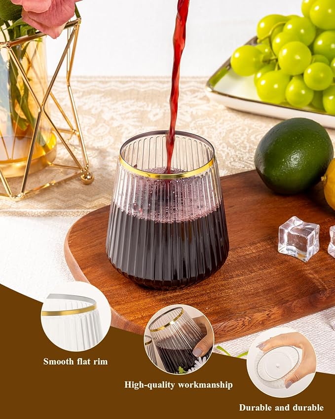 Goodluck 36 Pack 12oz Stemless Plastic Wine Glasses – Clear Ribbed Cups - Image 3