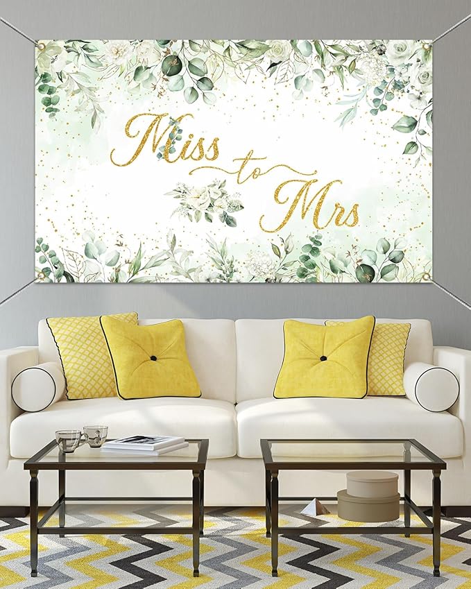 Mocsicka Miss to Mrs Banner Greenery Leave Gold Dots Bridal Shower Party - Image 3