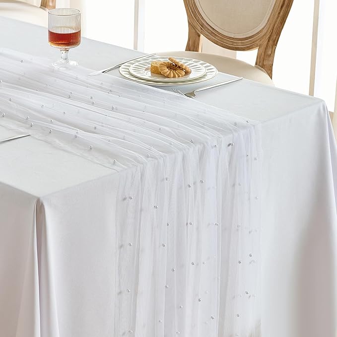 Fanami 6 Pack Pearl Table Runner -10FT Ivory White Boho Tulle Table Runners 120 by Fanami