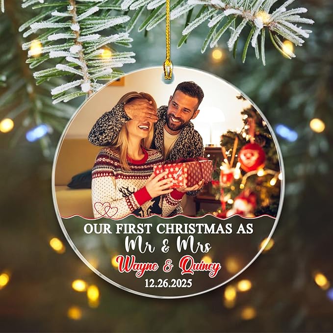 Our First Christmas As Mr & Mrs Ornament 2025, Customized Date Photo Names Mr & - Image 3