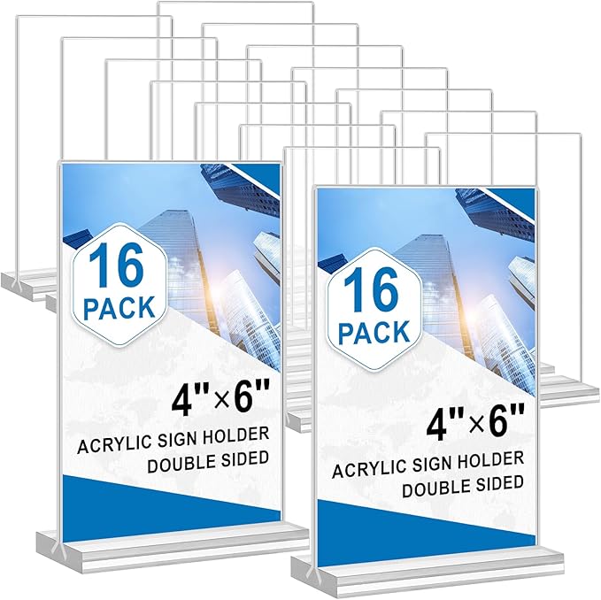Acrylic Sign Holder 4x6, 16 Pack Clear Double Sided Clear Table Menu Vertical by DunGu
