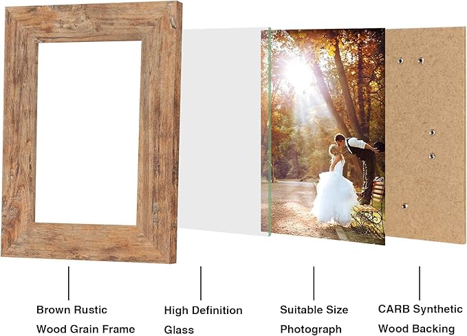 5x7 Picture Frame Set of 4, High Definition Real Glass Rustic Brown Frame - Image 3