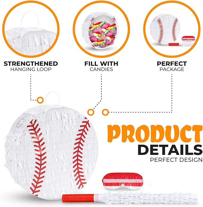 Baseball Pinata Bundle with a Blindfold and Bat, Baseball Pinata - Image 3