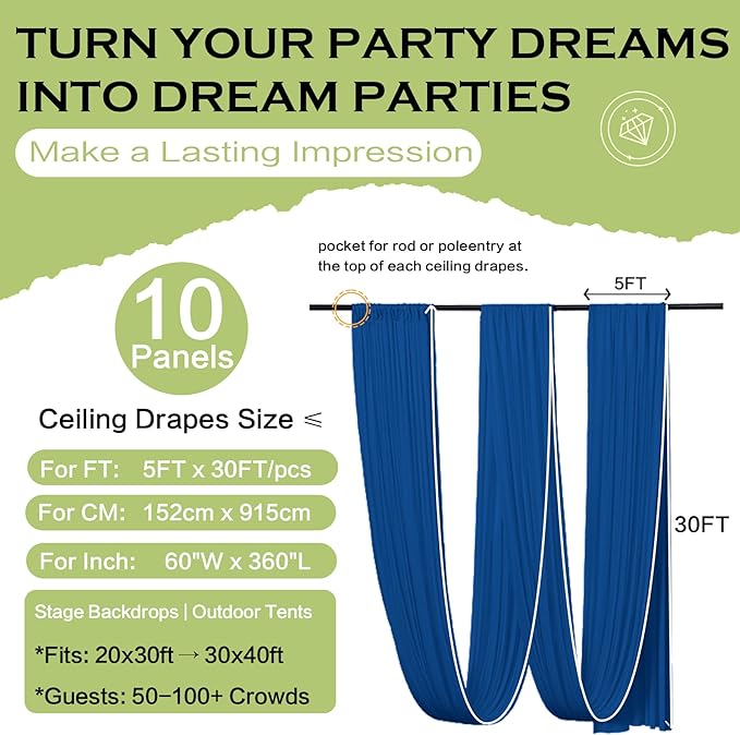PartyVillage 10 Panels 5ftx30ft Royal Blue Ceiling Drapes - Image 6