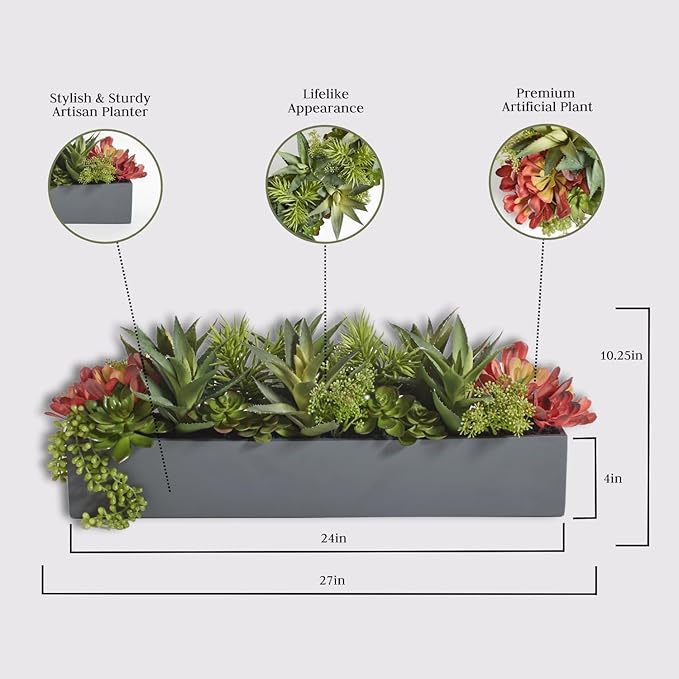 Oblong Faux Succulent Arrangement, Premium Artificial Indoor Plant Enhances - Image 4